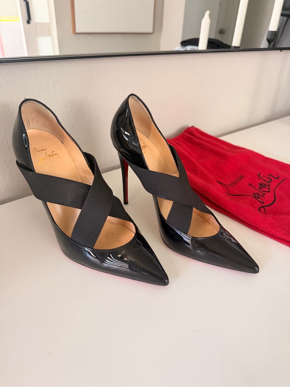 Christian Louboutin Black Patent Cross-Strap Pointed Pumps - Picture 7 of 9